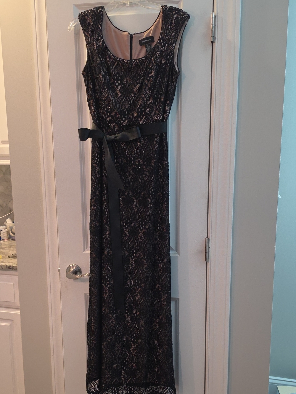 R&M Richards Black Lace Maxi Dress with Nude Lining and Satin Bow. Smoke Free